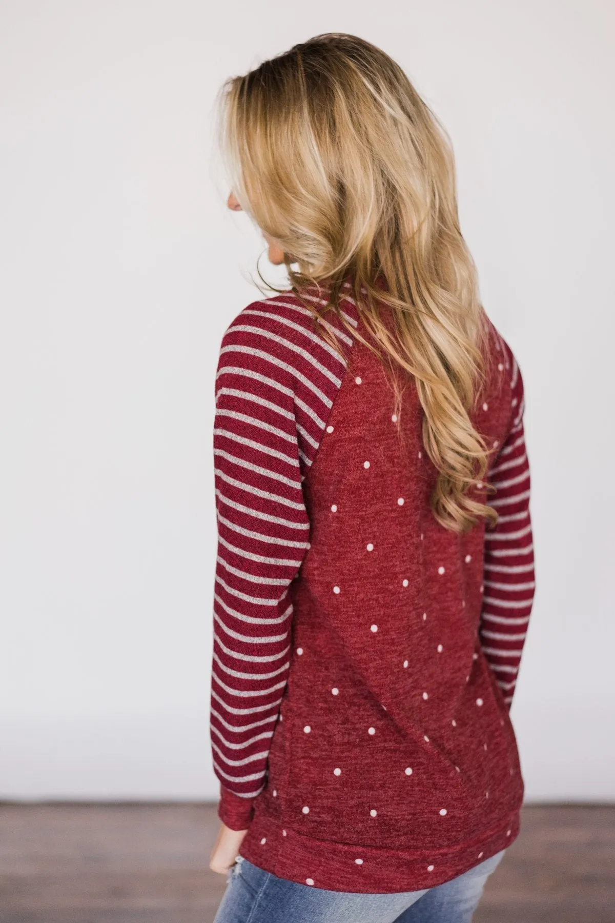 Cozy Polka Dot & Stripe Crew Sweater ~ Red