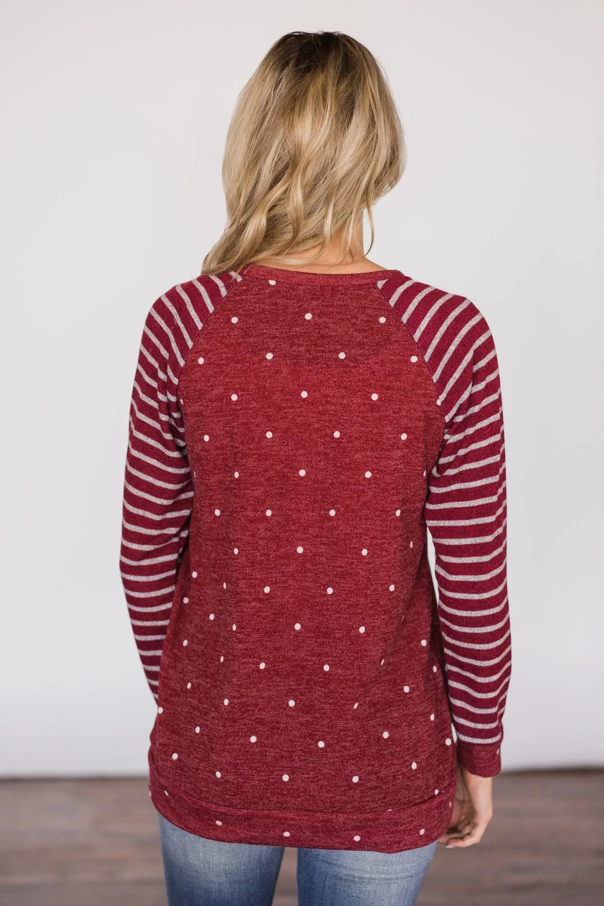 Cozy Polka Dot & Stripe Crew Sweater ~ Red