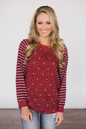 Cozy Polka Dot & Stripe Crew Sweater ~ Red