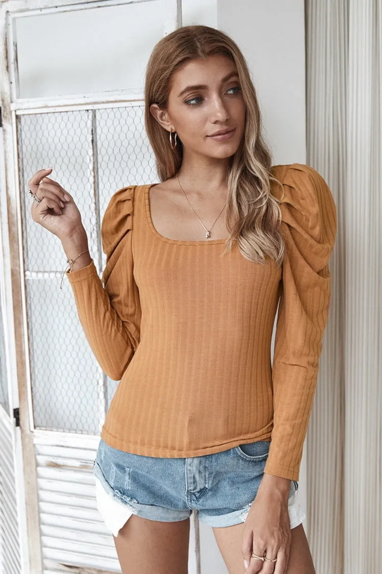 Creamtopmall Square Collar Knitted Thin T-shirt Long Sleeve
