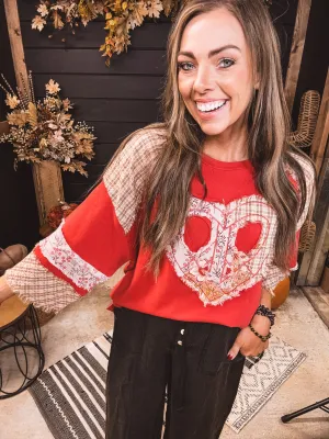 Crimson 3/4 Sleeve Mix & Match Heart Patch Top