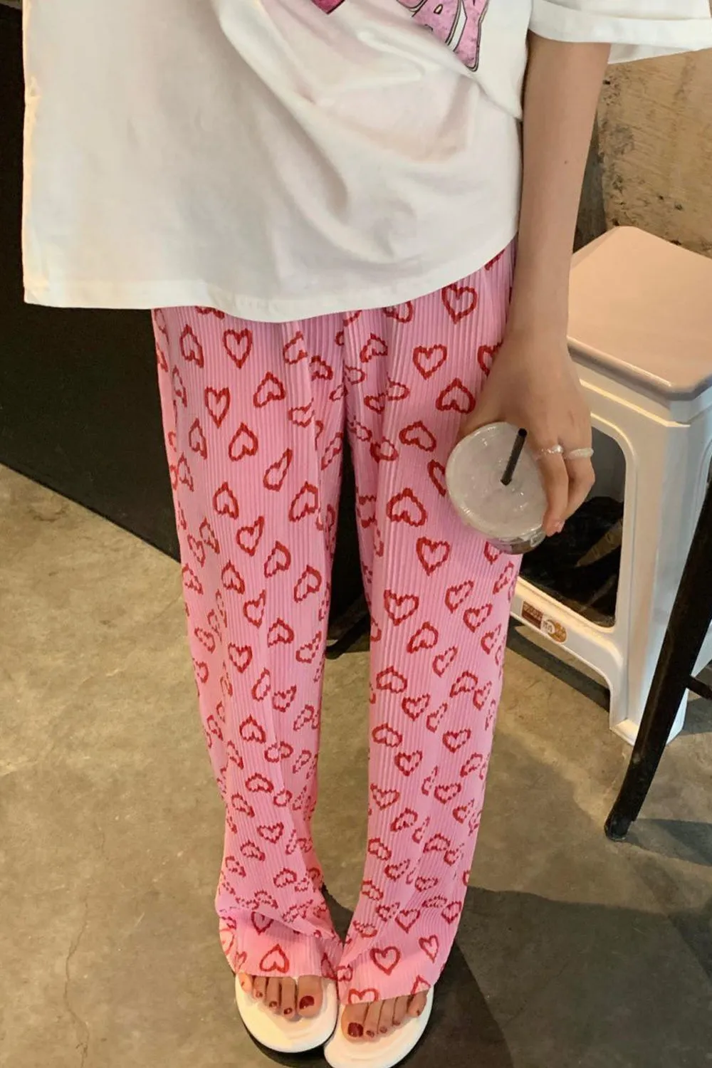 Cute Heart Pattern Casual Pink Pants