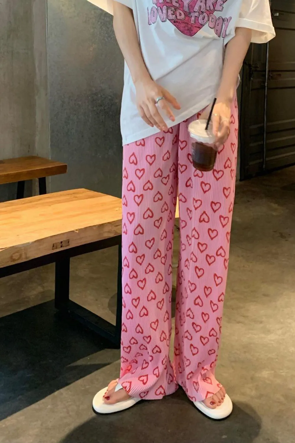 Cute Heart Pattern Casual Pink Pants