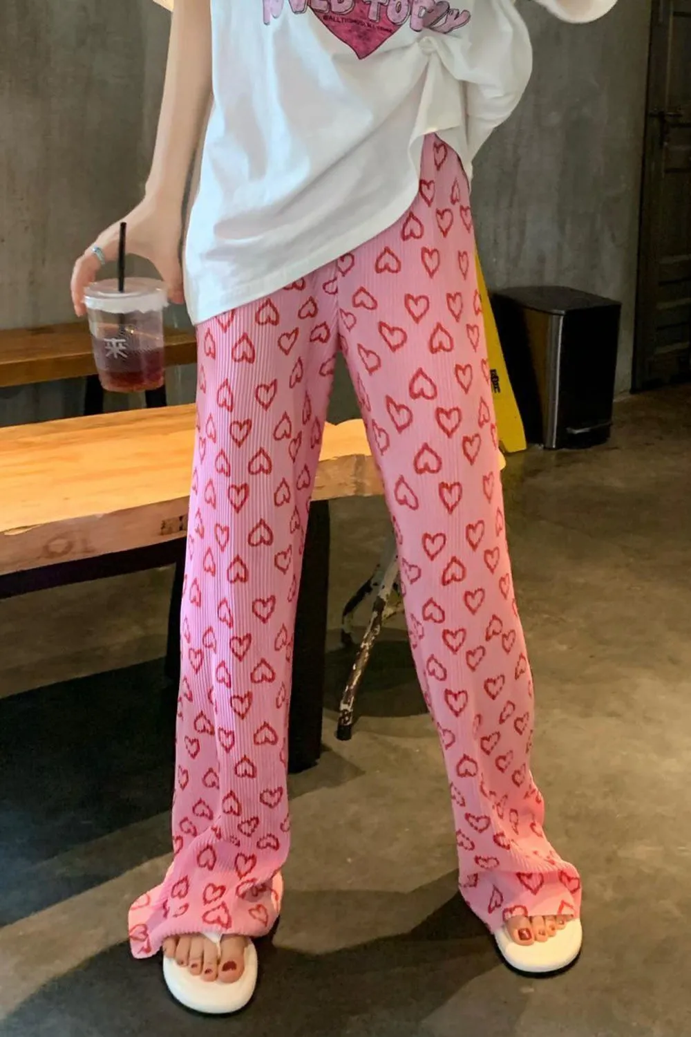 Cute Heart Pattern Casual Pink Pants