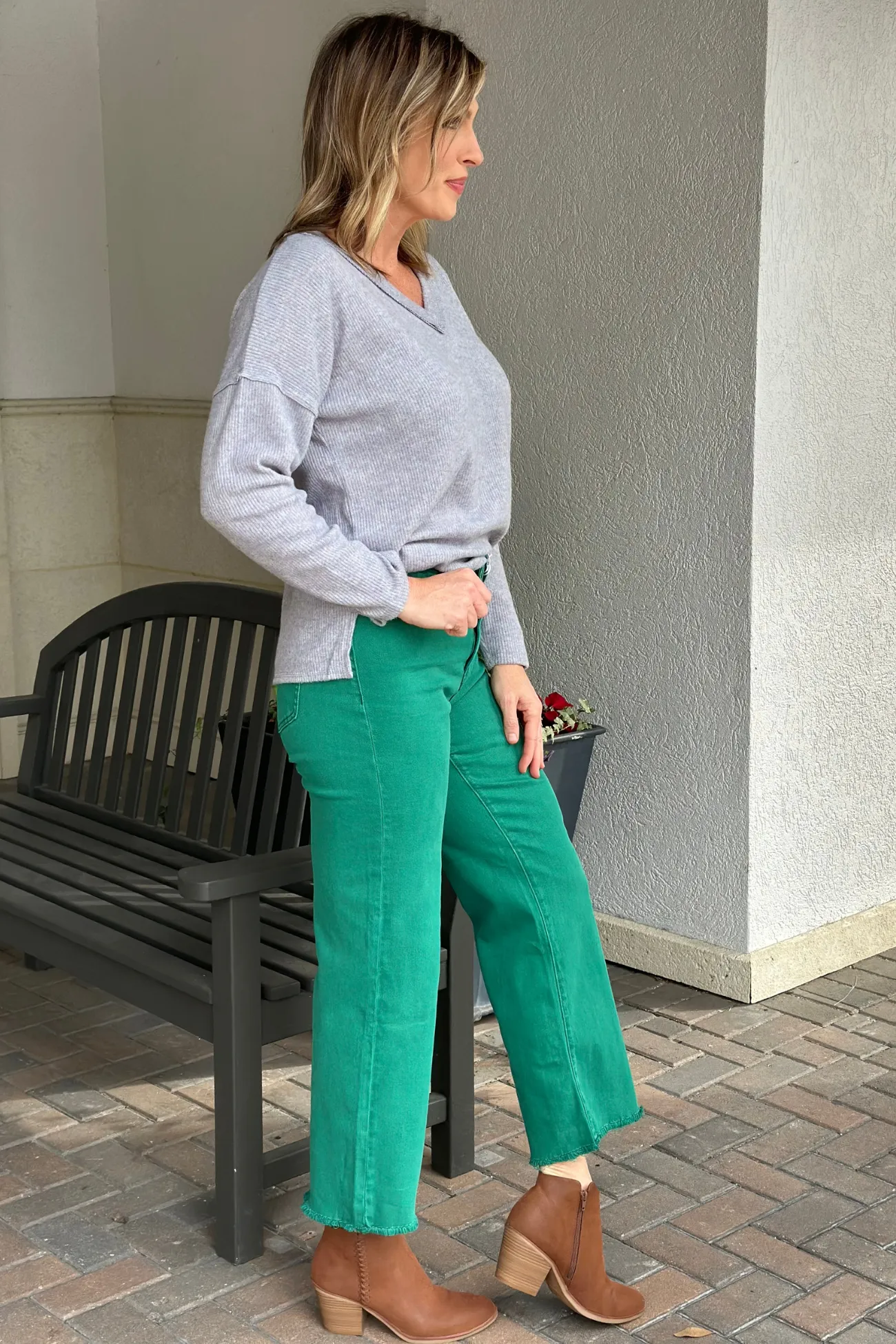 Double Take Acid Washed Frayed Hem Pants-Green