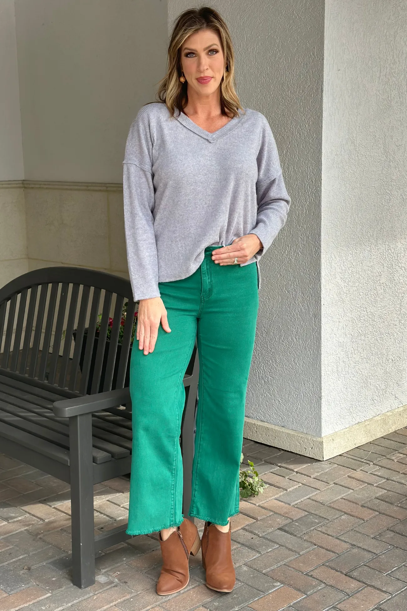 Double Take Acid Washed Frayed Hem Pants-Green