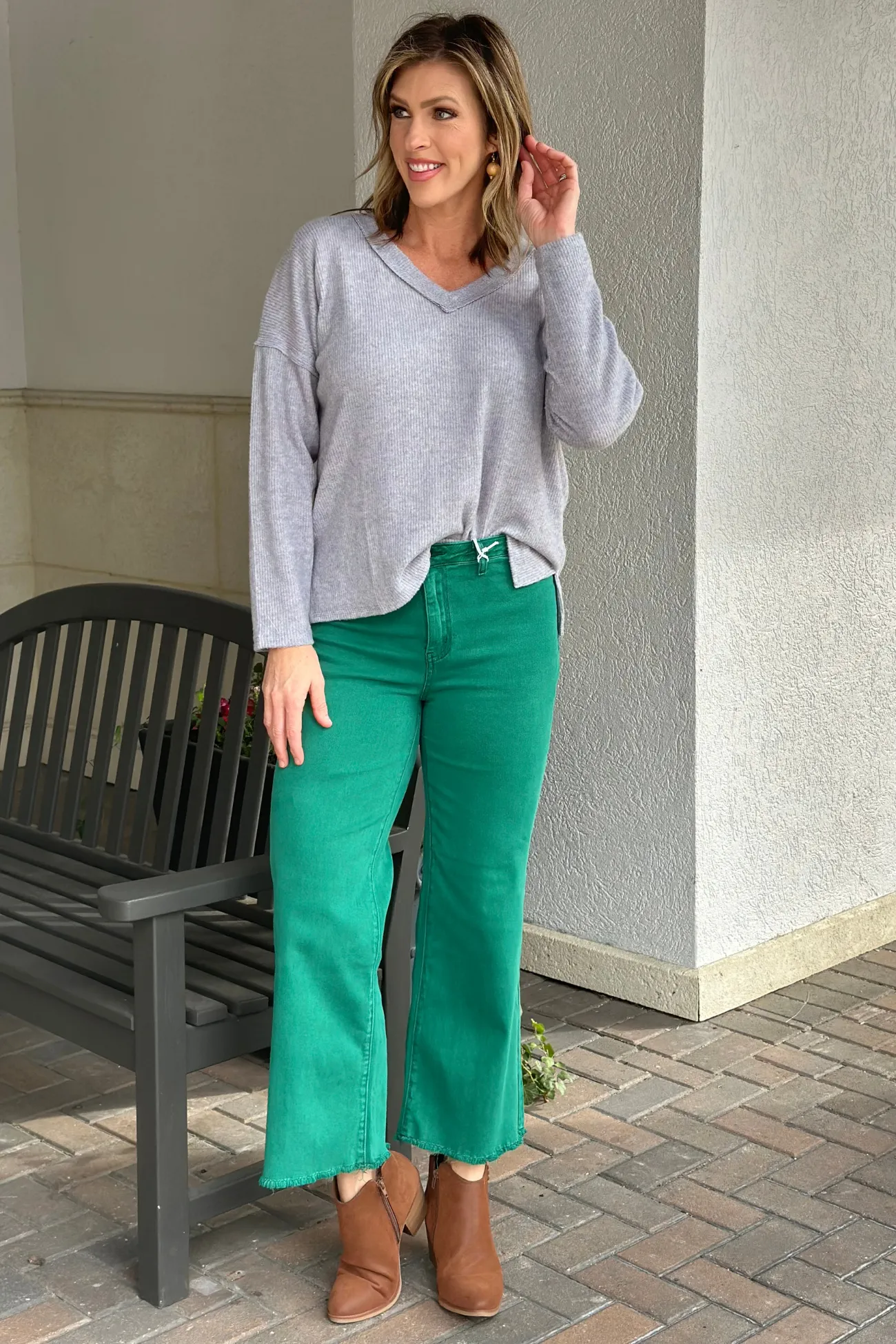 Double Take Acid Washed Frayed Hem Pants-Green