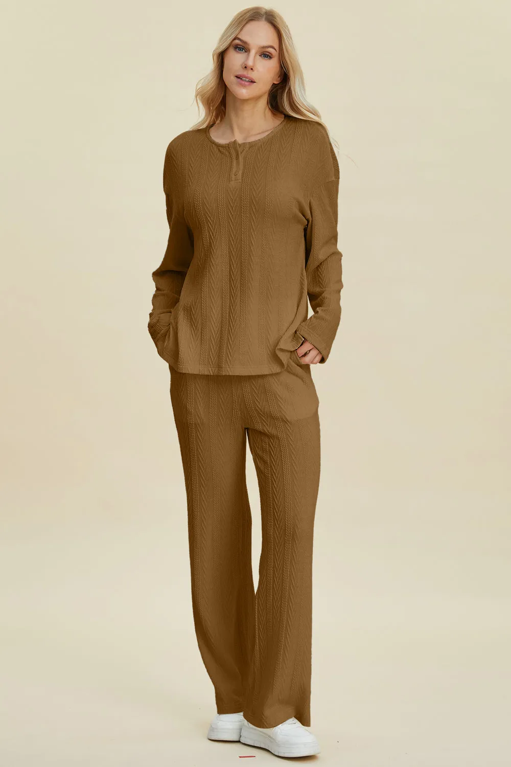 Double Take Full Size Cable-Knit Long Sleeve Top and Pants Set