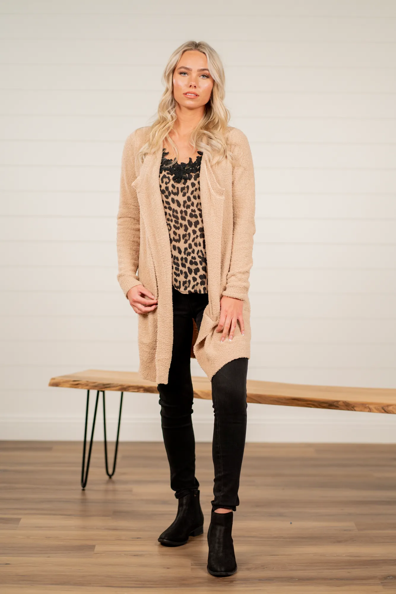 Drape Neck Fuzzy Open Cardigan Sweater
