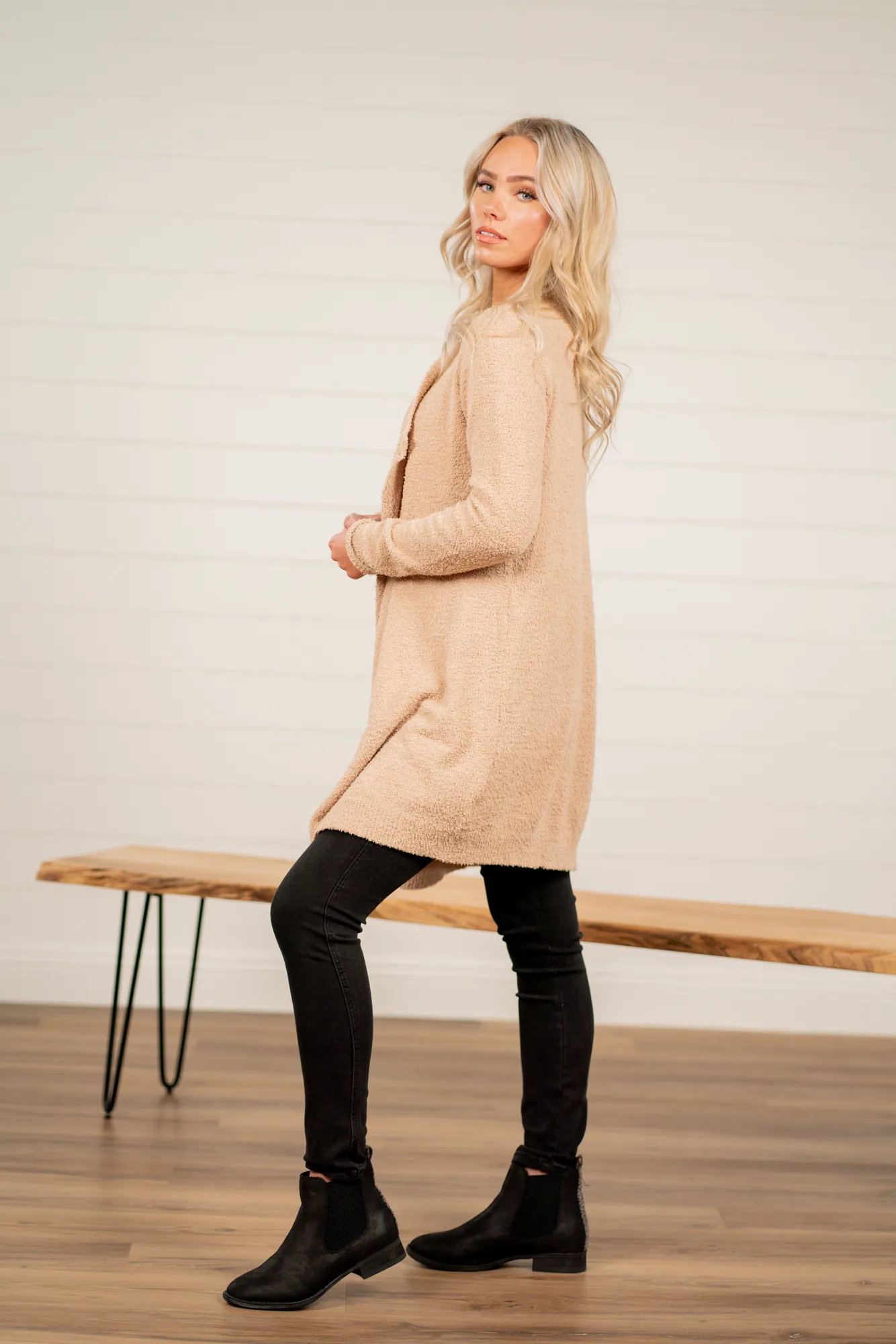 Drape Neck Fuzzy Open Cardigan Sweater