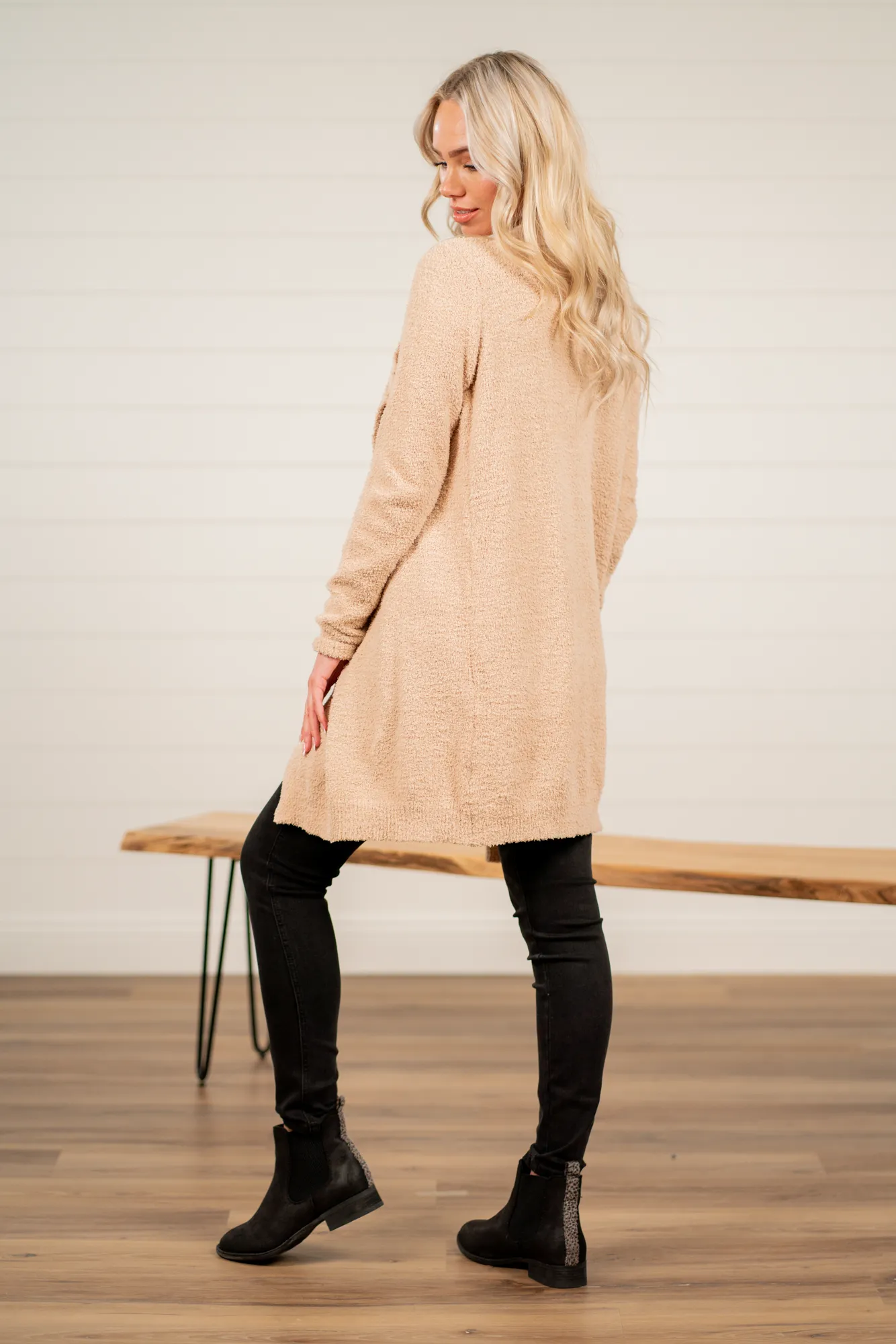Drape Neck Fuzzy Open Cardigan Sweater