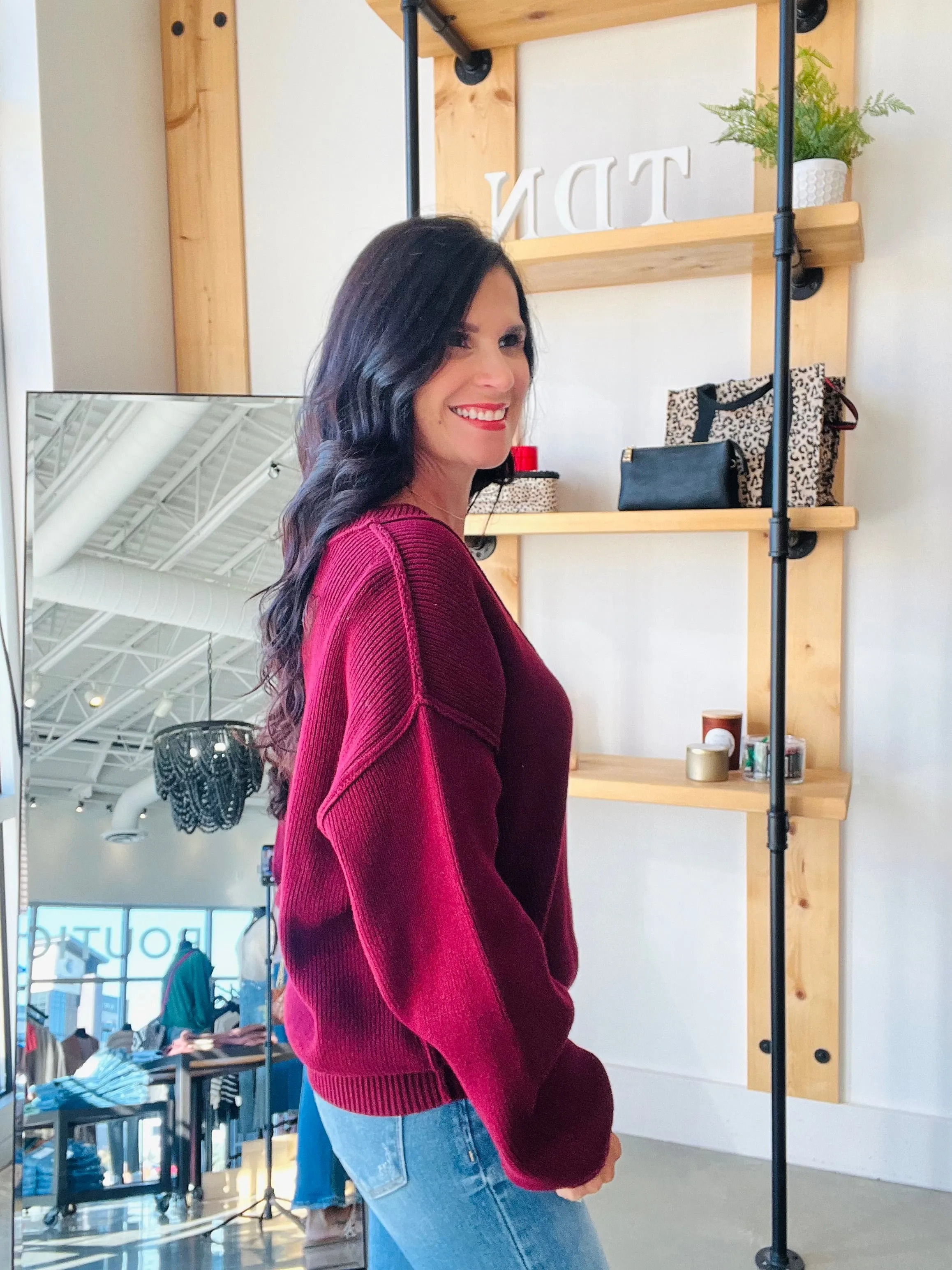 Exposed Seam Knit Sweater in Wine