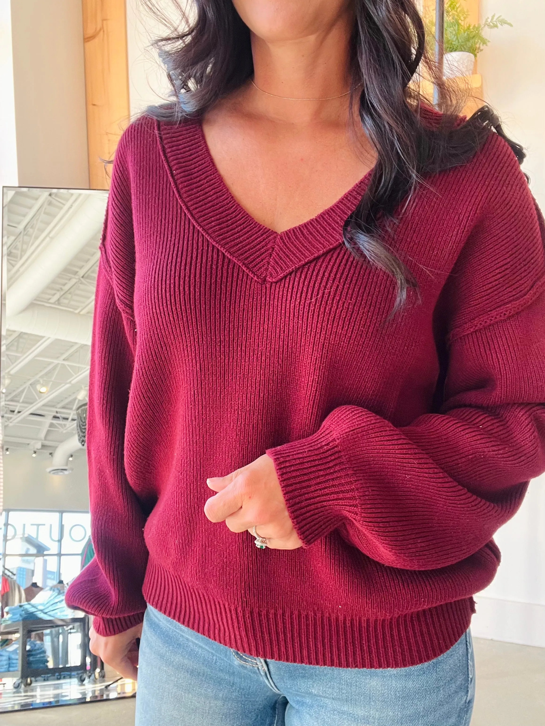 Exposed Seam Knit Sweater in Wine