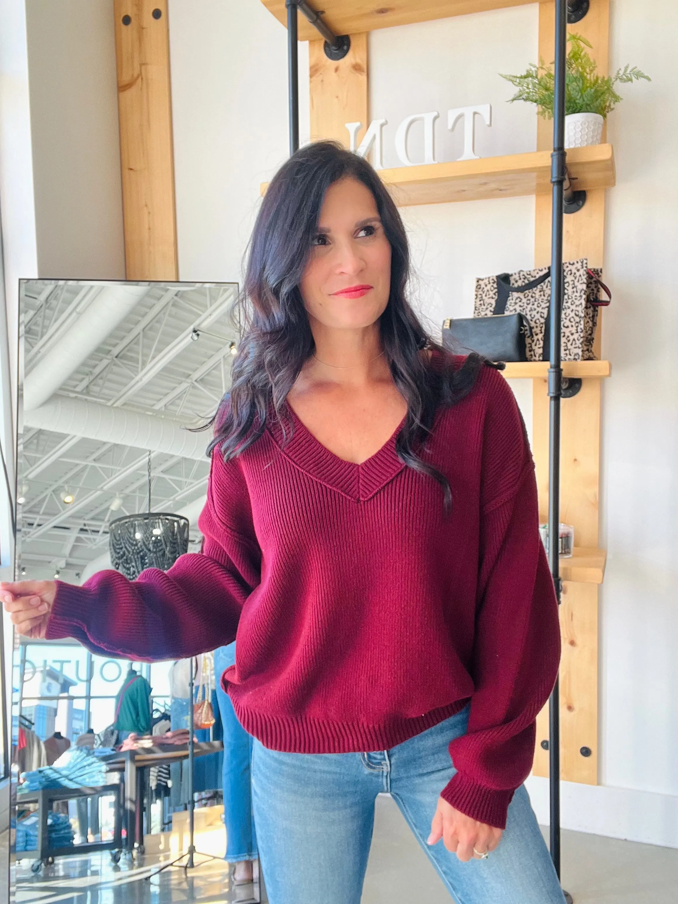 Exposed Seam Knit Sweater in Wine