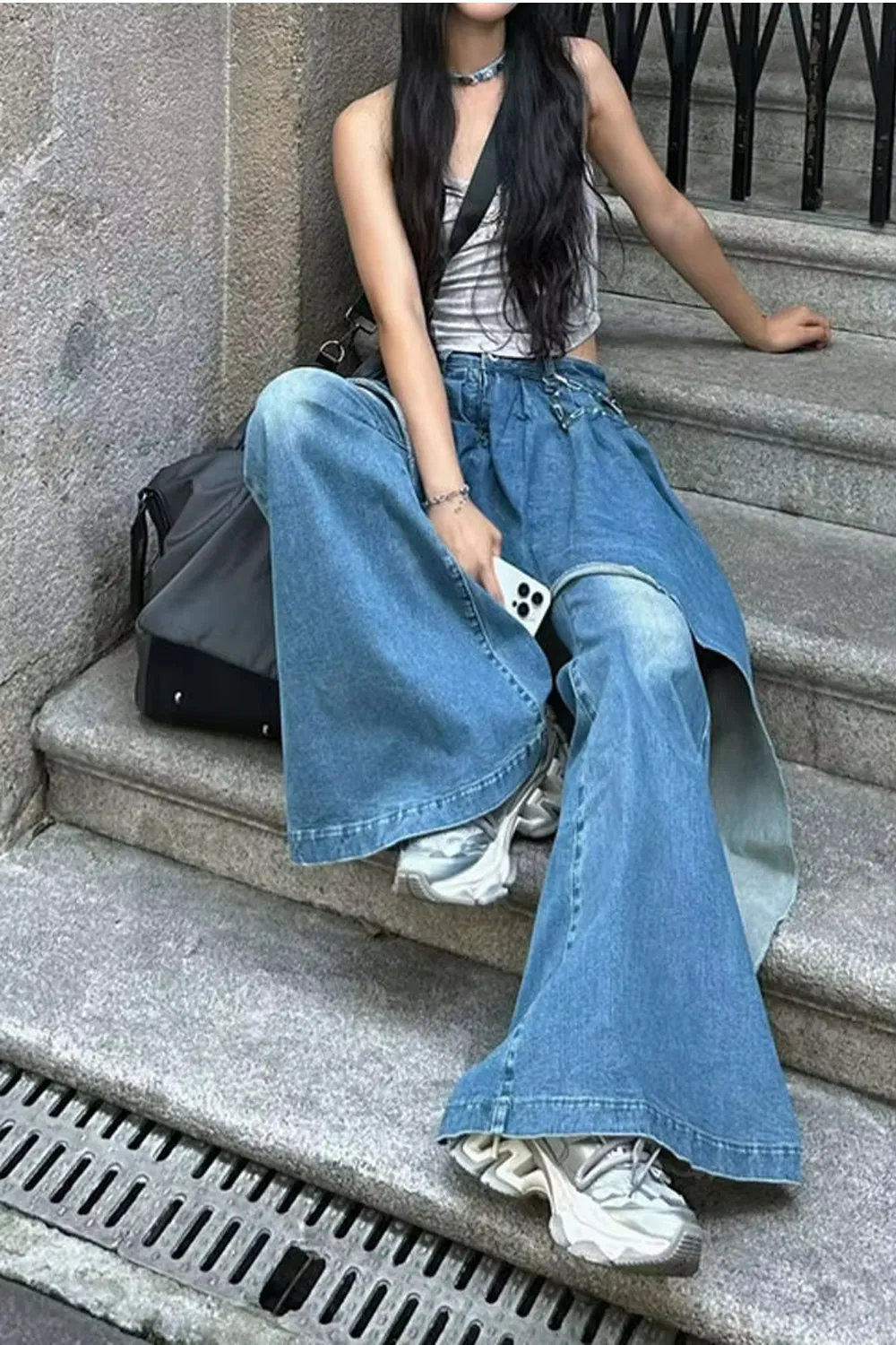 Fake Two Splicing Flare Jeans Pants