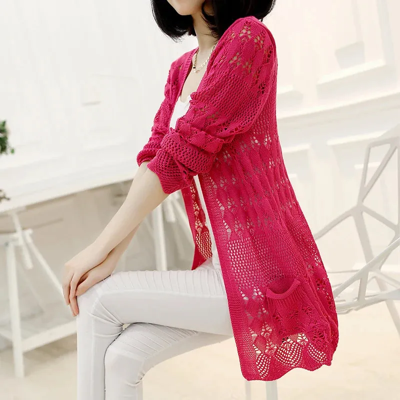 Fashion Knitted Cardigan Loose Pocket Hollow Long Sleeve Women Sweater Female Cardigans Women's Coats Sweaters Outerwear