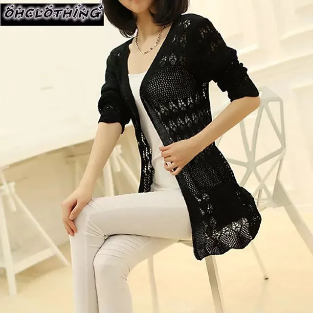 Fashion Knitted Cardigan Loose Pocket Hollow Long Sleeve Women Sweater Female Cardigans Women's Coats Sweaters Outerwear
