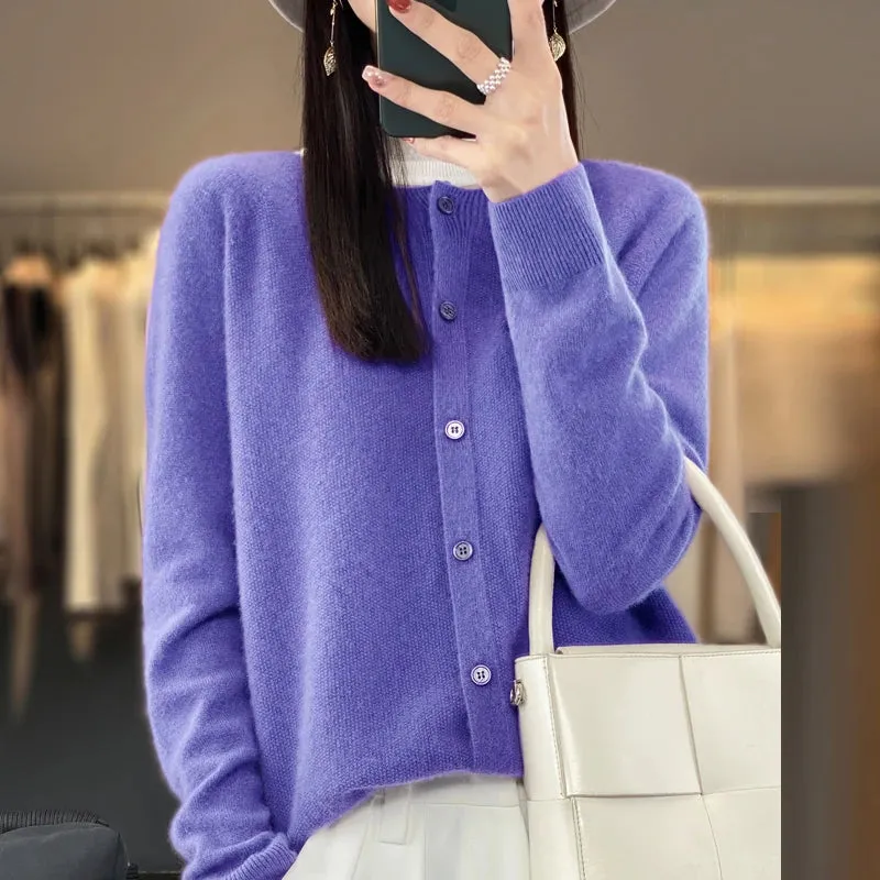 Fashion Women 100% Merino Wool Cardigans Cashmere Sweater Autumn Winter O-neck Long Sleeve Knitwear Female Basic Clothing Tops