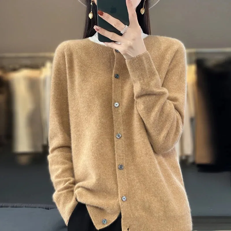 Fashion Women 100% Merino Wool Cardigans Cashmere Sweater Autumn Winter O-neck Long Sleeve Knitwear Female Basic Clothing Tops
