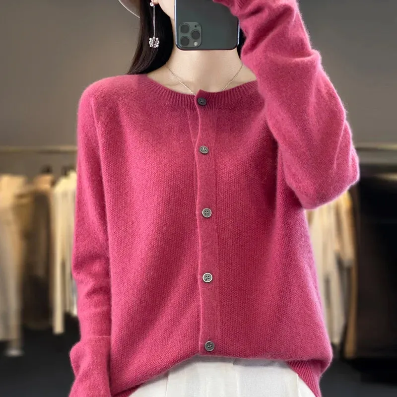 Fashion Women 100% Merino Wool Cardigans Cashmere Sweater Autumn Winter O-neck Long Sleeve Knitwear Female Basic Clothing Tops