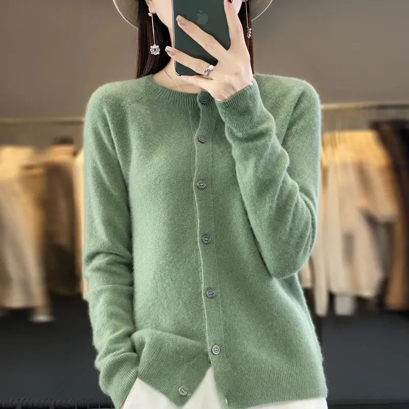 Fashion Women 100% Merino Wool Cardigans Cashmere Sweater Autumn Winter O-neck Long Sleeve Knitwear Female Basic Clothing Tops