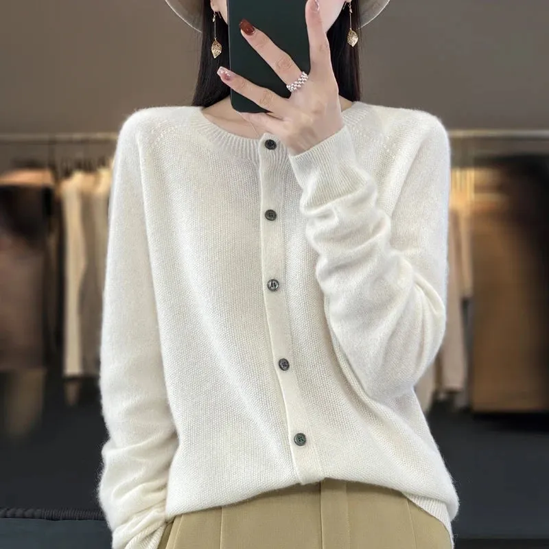 Fashion Women 100% Merino Wool Cardigans Cashmere Sweater Autumn Winter O-neck Long Sleeve Knitwear Female Basic Clothing Tops