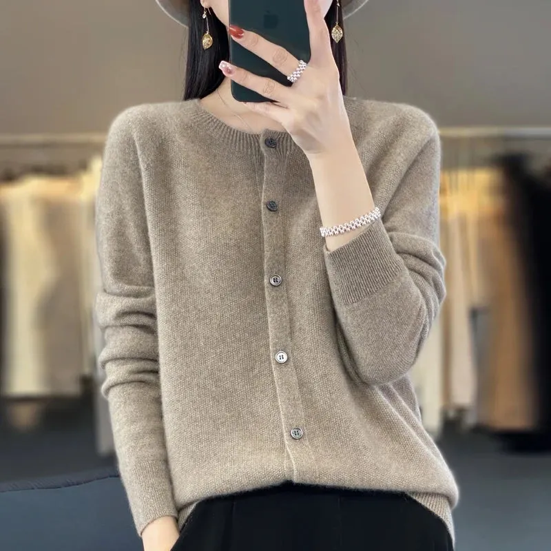 Fashion Women 100% Merino Wool Cardigans Cashmere Sweater Autumn Winter O-neck Long Sleeve Knitwear Female Basic Clothing Tops