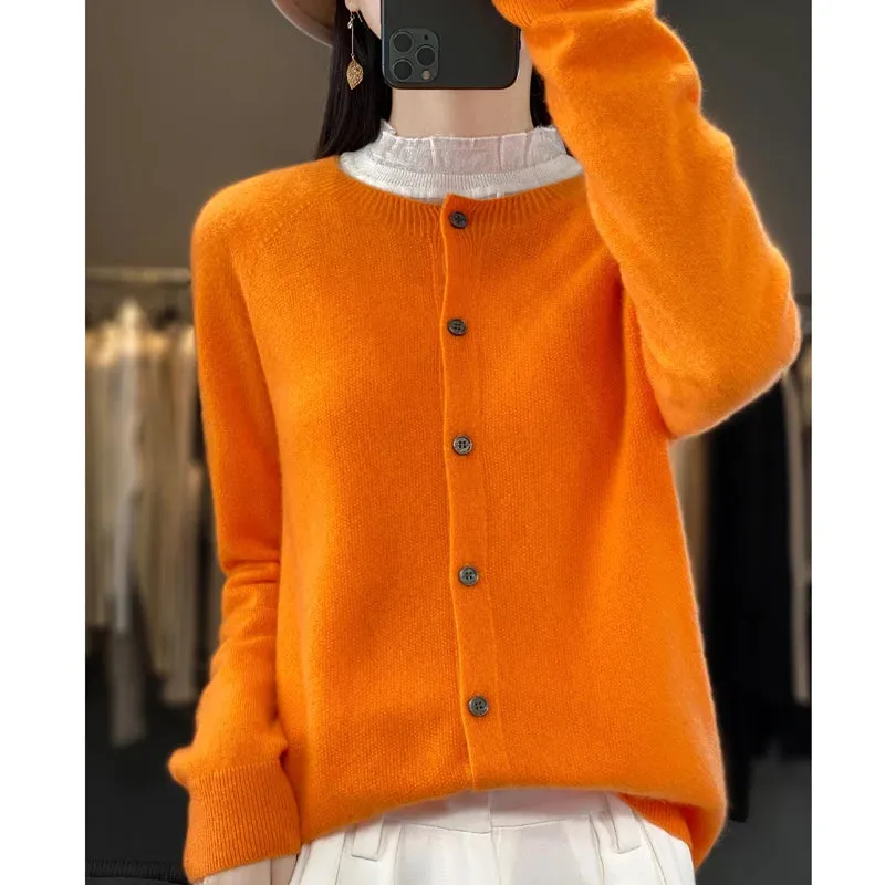 Fashion Women 100% Merino Wool Cardigans Cashmere Sweater Autumn Winter O-neck Long Sleeve Knitwear Female Basic Clothing Tops