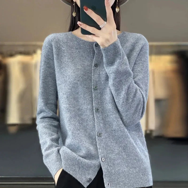 Fashion Women 100% Merino Wool Cardigans Cashmere Sweater Autumn Winter O-neck Long Sleeve Knitwear Female Basic Clothing Tops