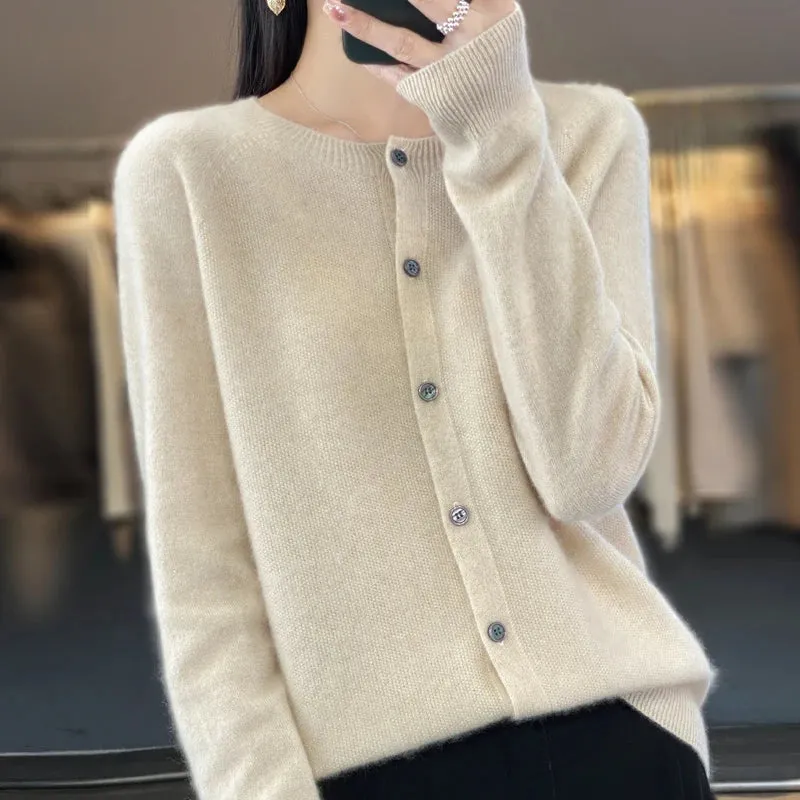 Fashion Women 100% Merino Wool Cardigans Cashmere Sweater Autumn Winter O-neck Long Sleeve Knitwear Female Basic Clothing Tops