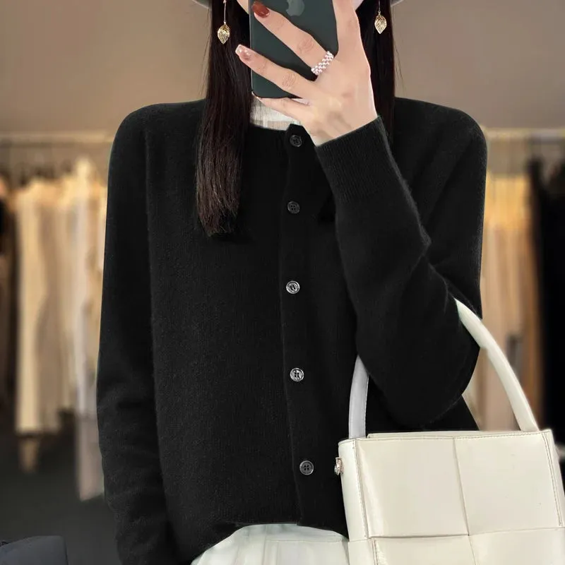 Fashion Women 100% Merino Wool Cardigans Cashmere Sweater Autumn Winter O-neck Long Sleeve Knitwear Female Basic Clothing Tops