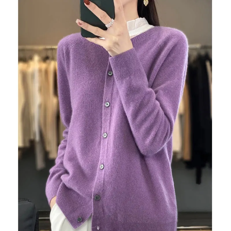 Fashion Women 100% Merino Wool Cardigans Cashmere Sweater Autumn Winter O-neck Long Sleeve Knitwear Female Basic Clothing Tops