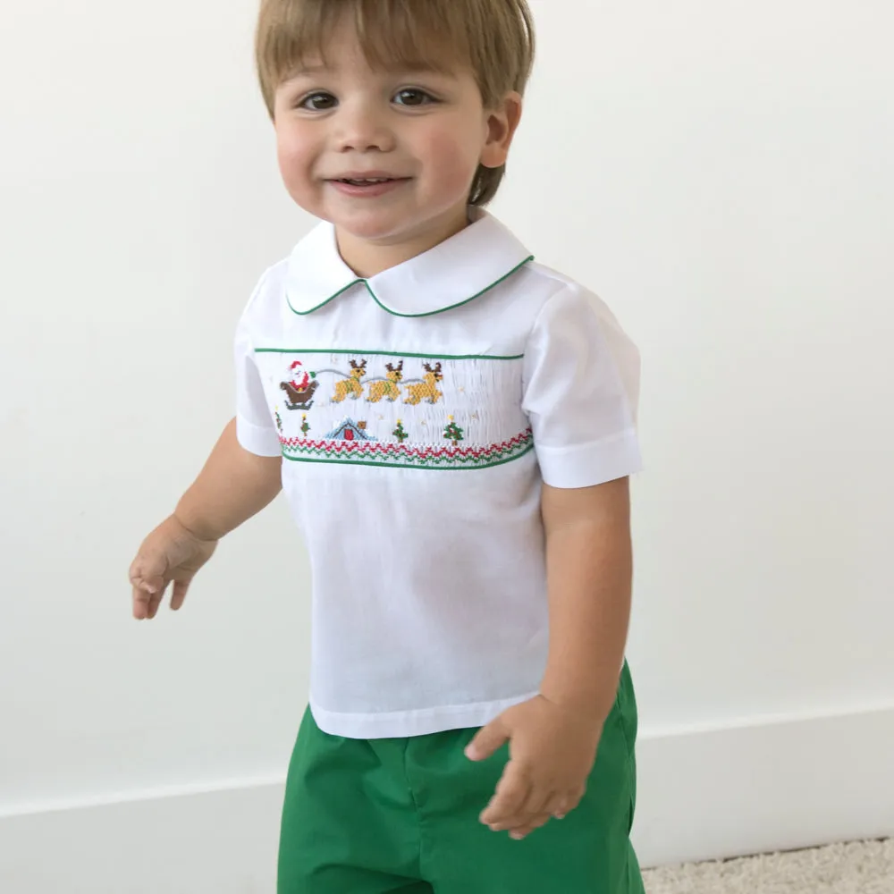 Flying Santa & Reindeer over Rooftop Smocked White Shirt & Green Pants
