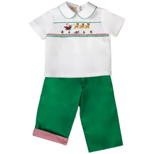 Flying Santa & Reindeer over Rooftop Smocked White Shirt & Green Pants