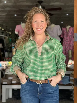 Green   Taupe Textured Snap Front Top