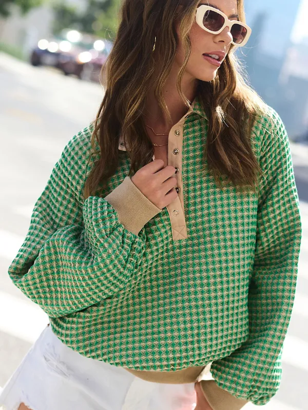 Green   Taupe Textured Snap Front Top