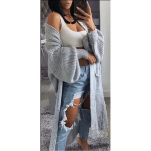 Grey Balloon Sleeve Pockets Cardigan-Correct One