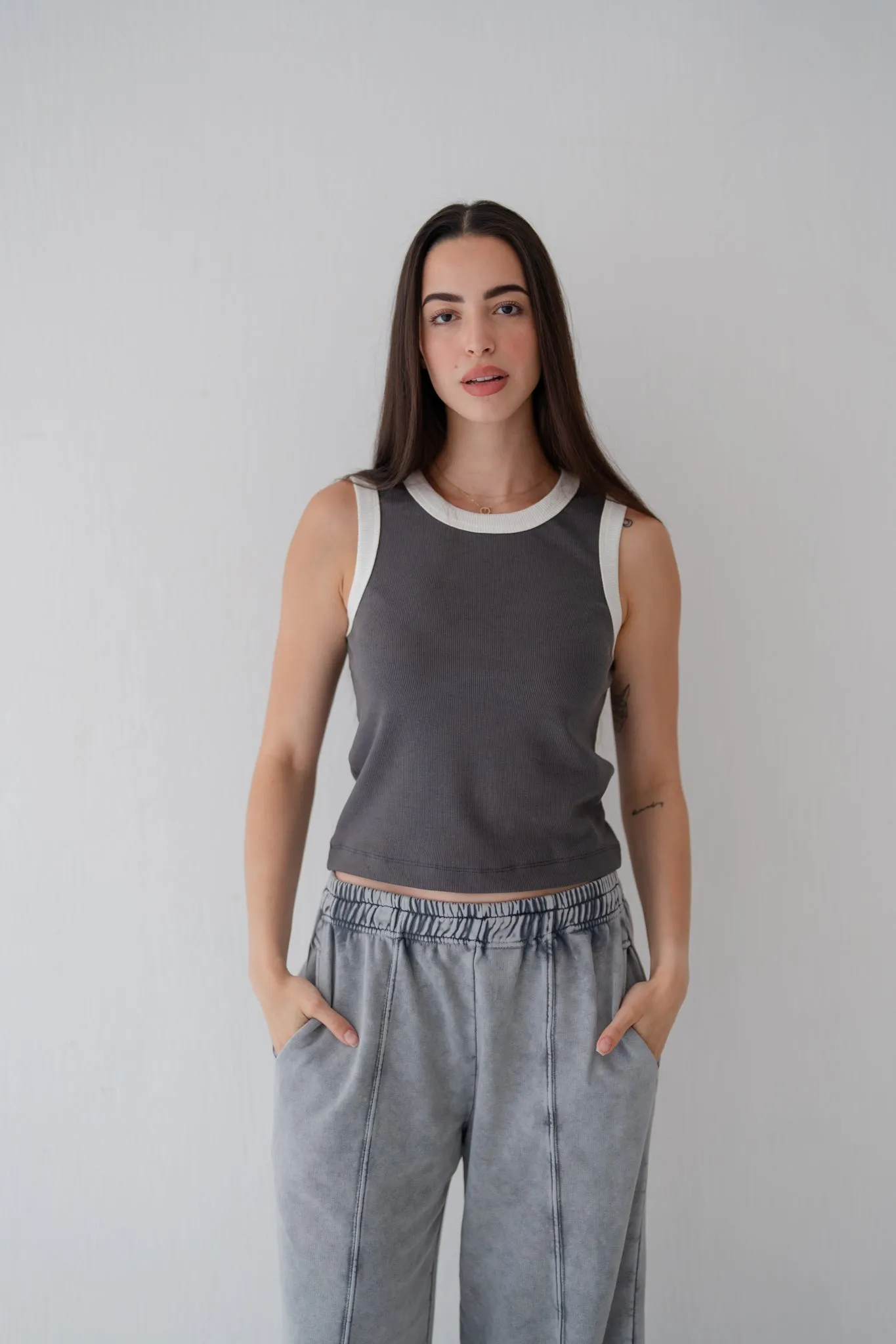 Grey Contrast Trim Tank Top