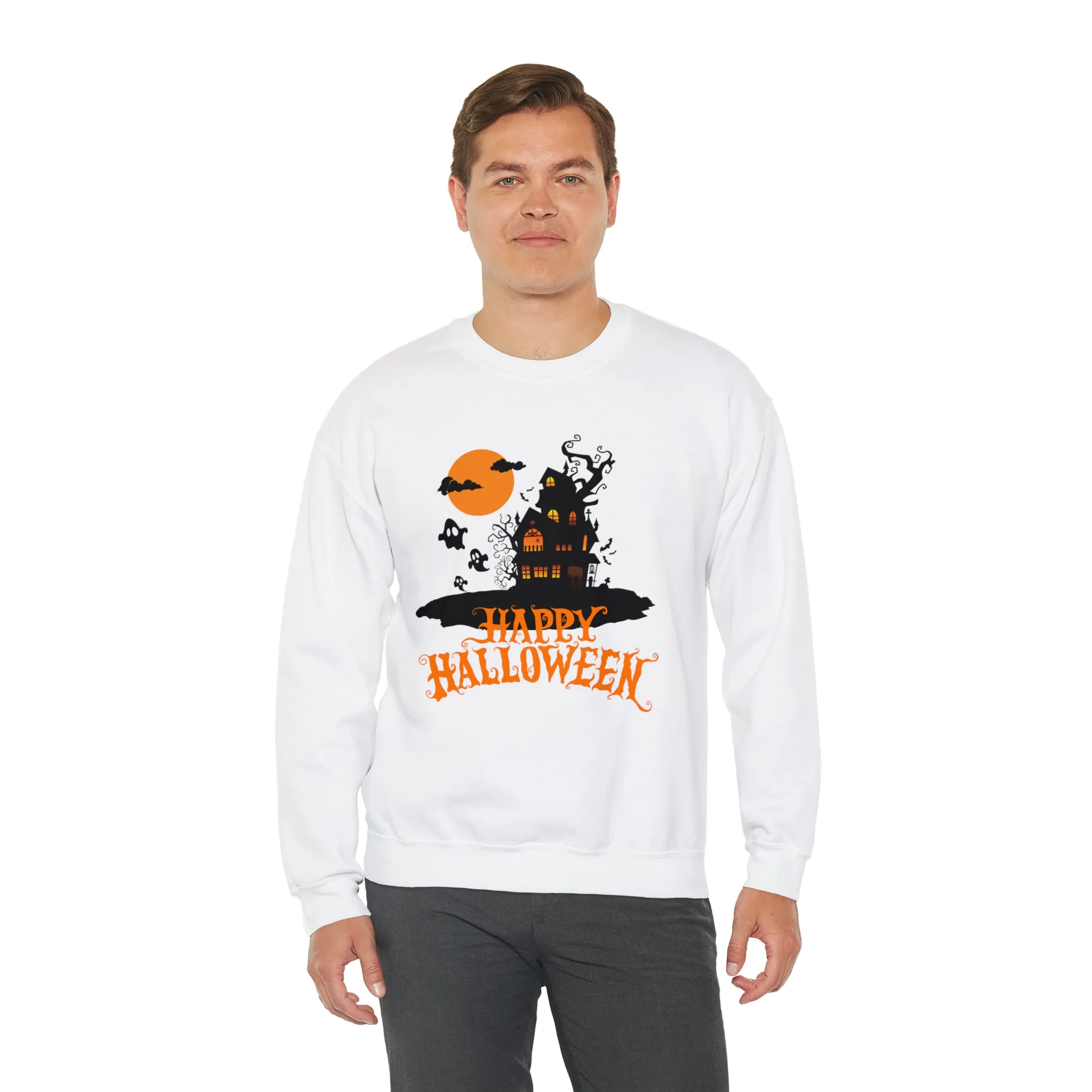 Happy Halloween Scary House Sweatshirt, Haunted Ghost Pullover, Creepy Halloween Crewneck Sweatshirt, Unisex Heavy Blend Sweatshirt