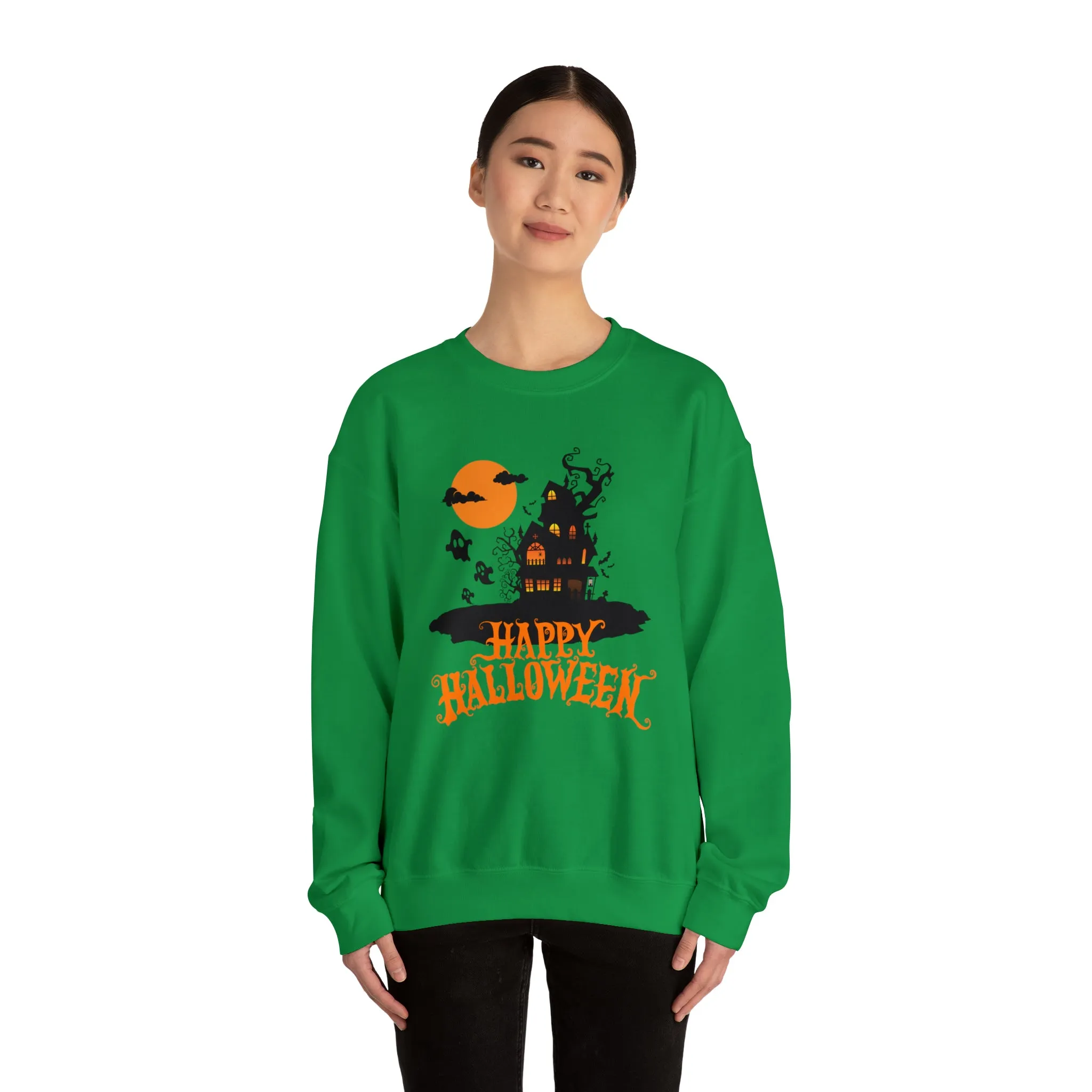 Happy Halloween Scary House Sweatshirt, Haunted Ghost Pullover, Creepy Halloween Crewneck Sweatshirt, Unisex Heavy Blend Sweatshirt