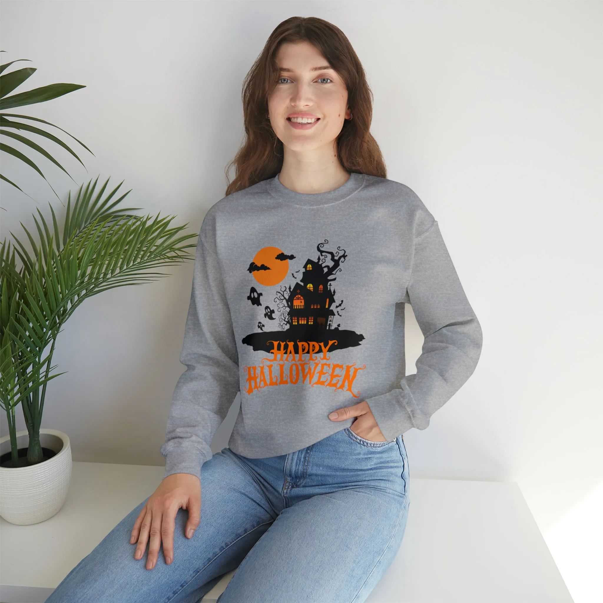 Happy Halloween Scary House Sweatshirt, Haunted Ghost Pullover, Creepy Halloween Crewneck Sweatshirt, Unisex Heavy Blend Sweatshirt