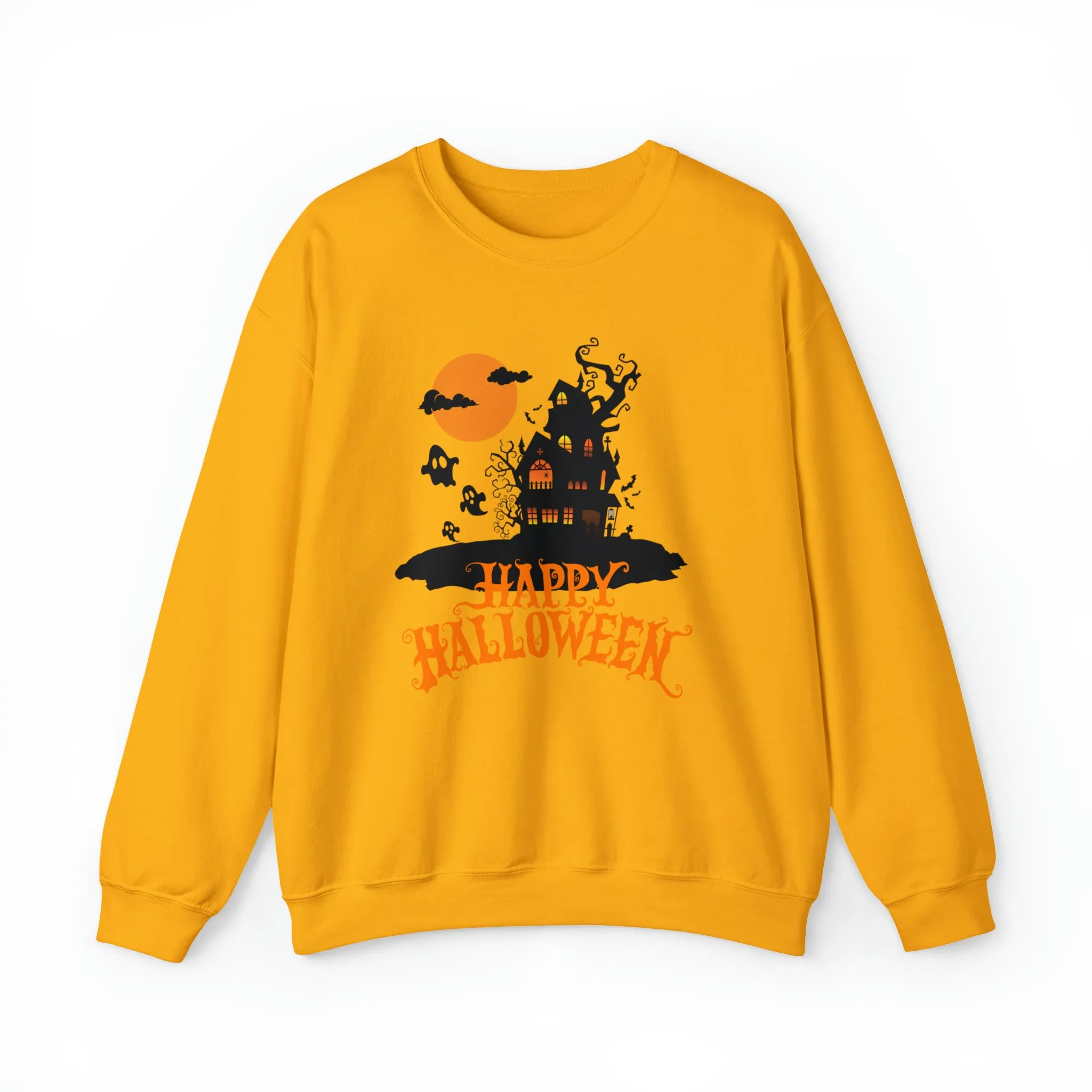 Happy Halloween Scary House Sweatshirt, Haunted Ghost Pullover, Creepy Halloween Crewneck Sweatshirt, Unisex Heavy Blend Sweatshirt