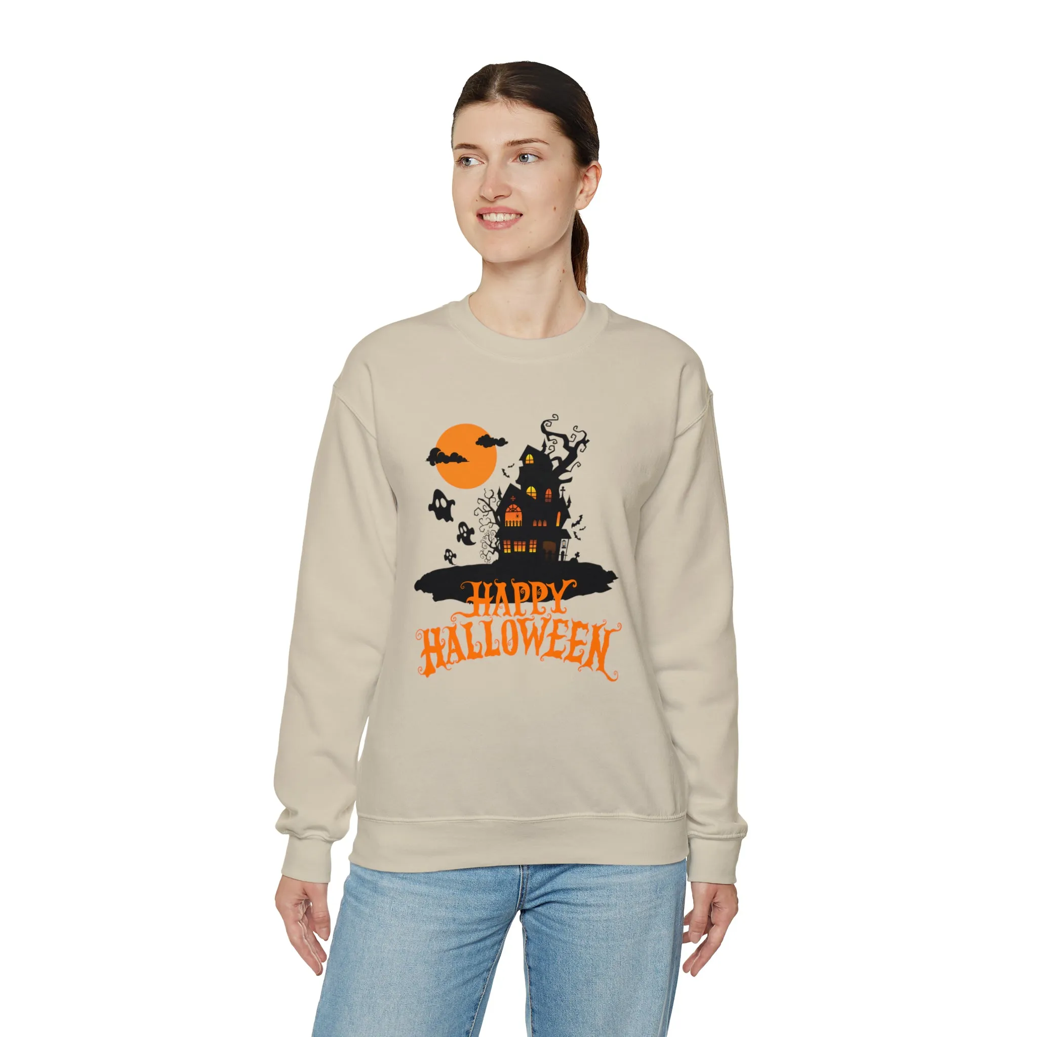 Happy Halloween Scary House Sweatshirt, Haunted Ghost Pullover, Creepy Halloween Crewneck Sweatshirt, Unisex Heavy Blend Sweatshirt