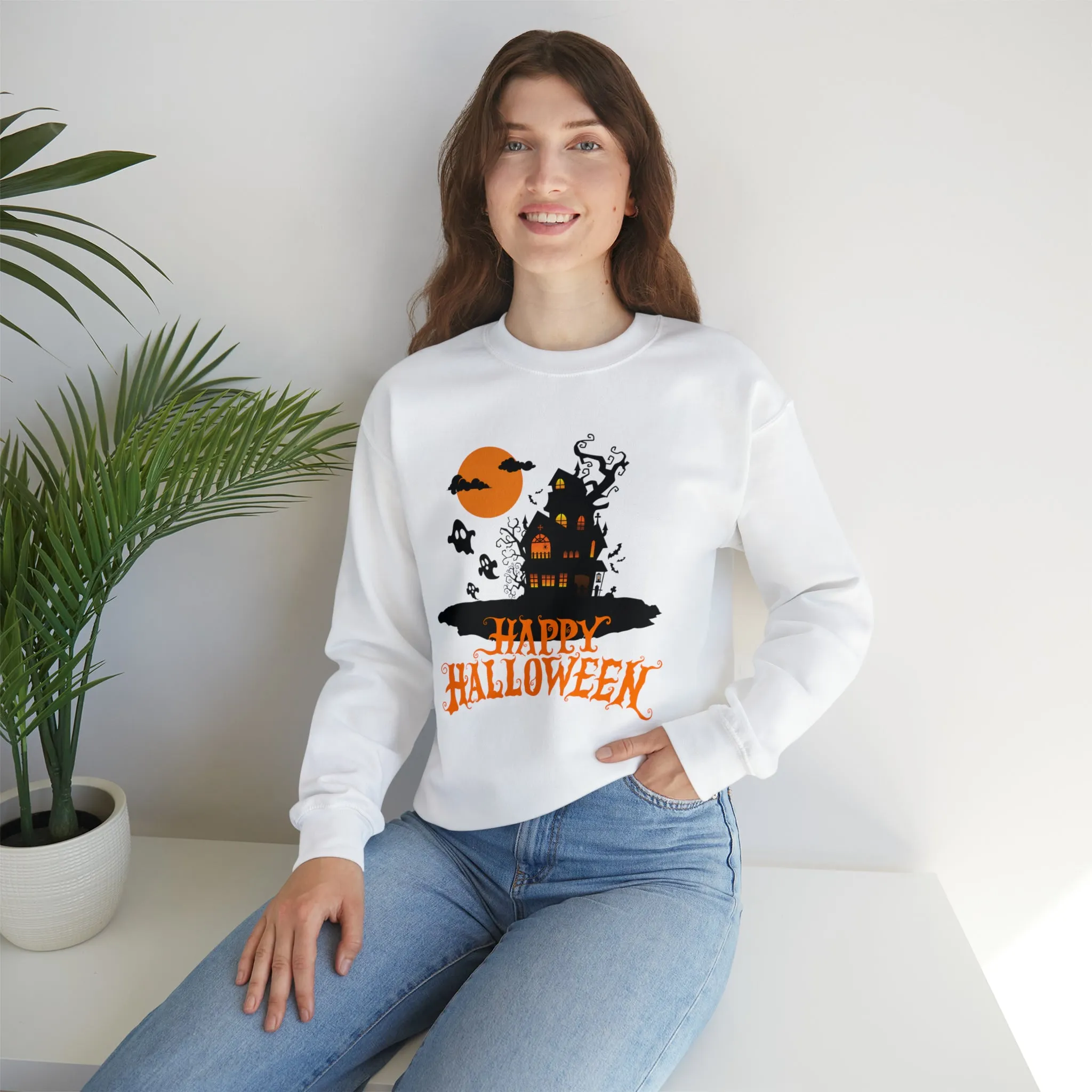 Happy Halloween Scary House Sweatshirt, Haunted Ghost Pullover, Creepy Halloween Crewneck Sweatshirt, Unisex Heavy Blend Sweatshirt