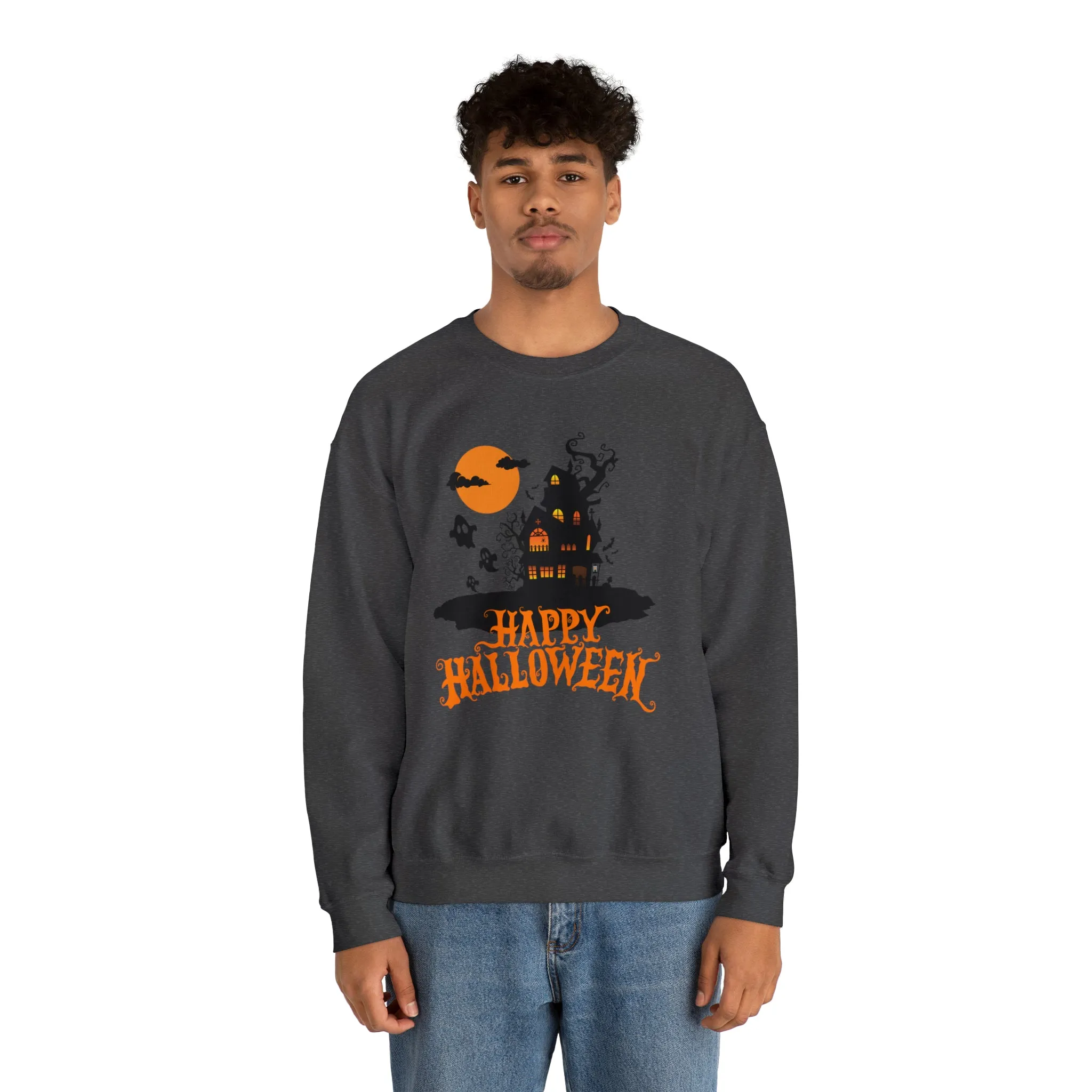 Happy Halloween Scary House Sweatshirt, Haunted Ghost Pullover, Creepy Halloween Crewneck Sweatshirt, Unisex Heavy Blend Sweatshirt