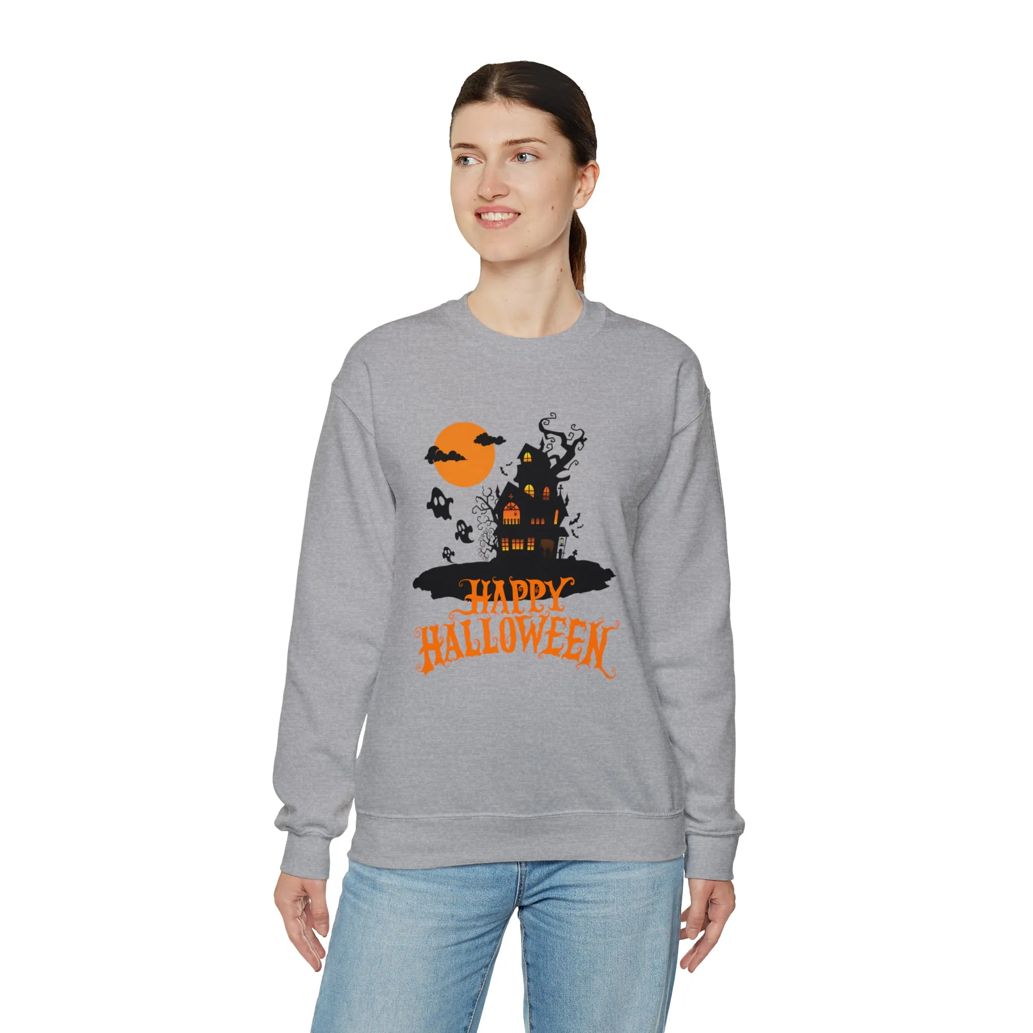 Happy Halloween Scary House Sweatshirt, Haunted Ghost Pullover, Creepy Halloween Crewneck Sweatshirt, Unisex Heavy Blend Sweatshirt