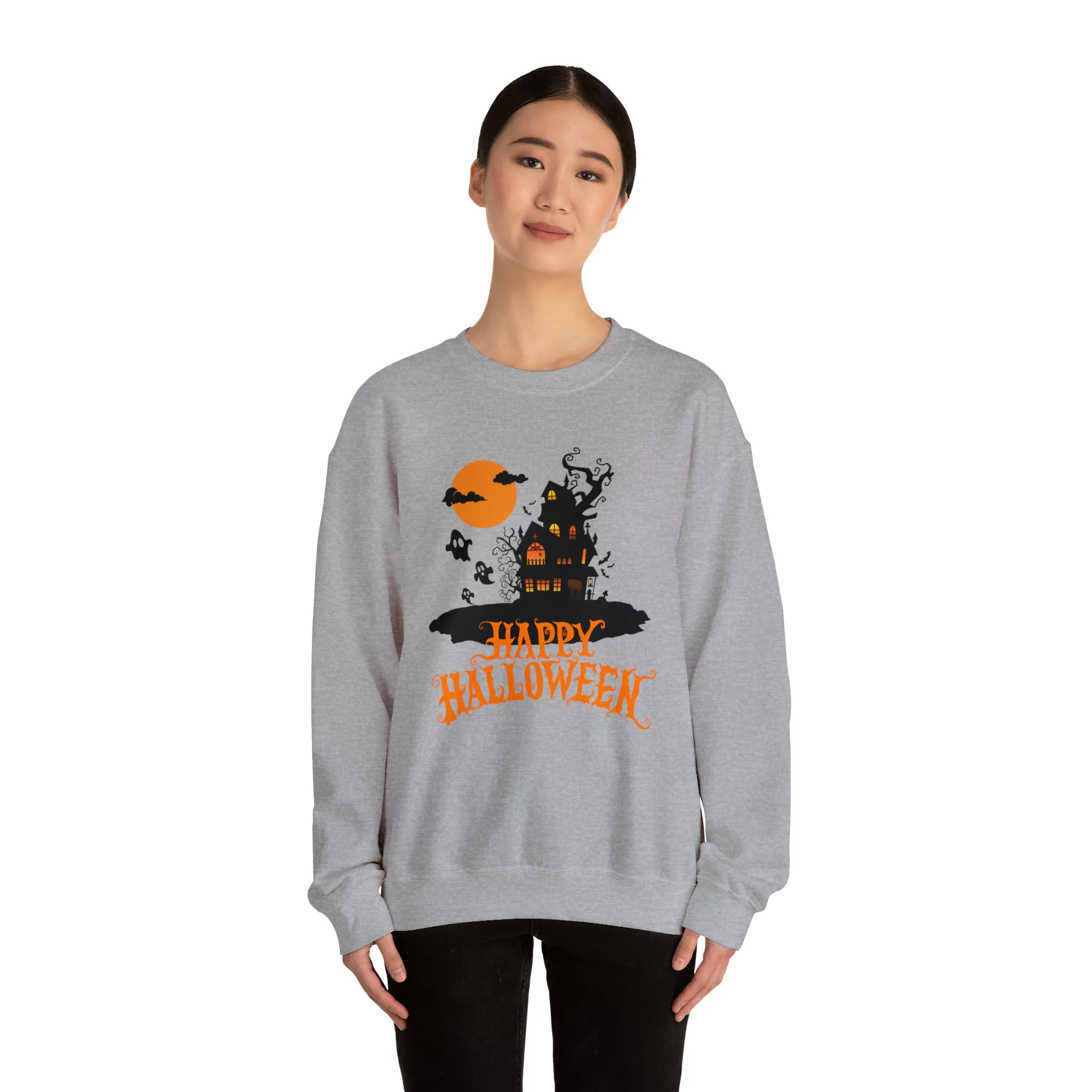 Happy Halloween Scary House Sweatshirt, Haunted Ghost Pullover, Creepy Halloween Crewneck Sweatshirt, Unisex Heavy Blend Sweatshirt