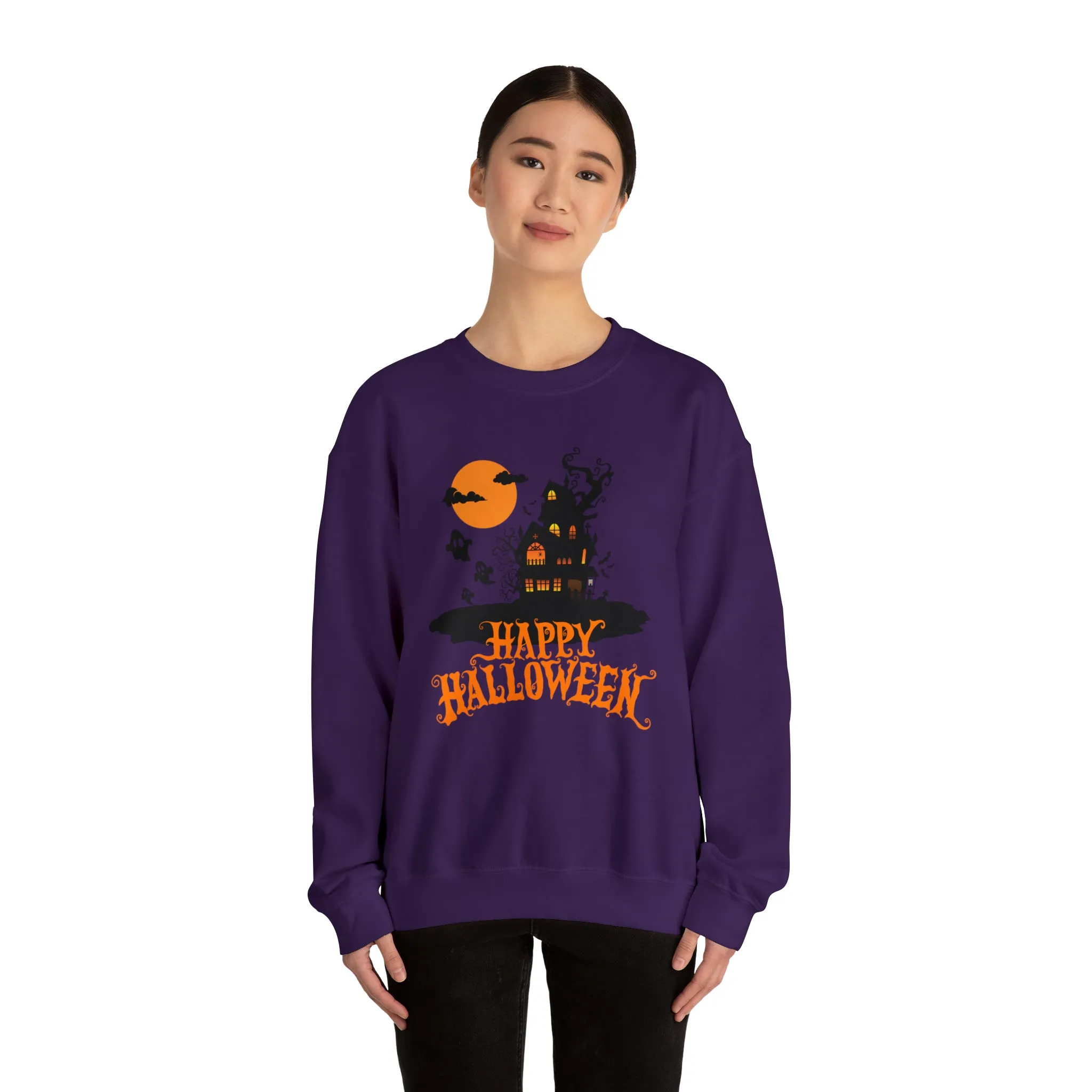 Happy Halloween Scary House Sweatshirt, Haunted Ghost Pullover, Creepy Halloween Crewneck Sweatshirt, Unisex Heavy Blend Sweatshirt