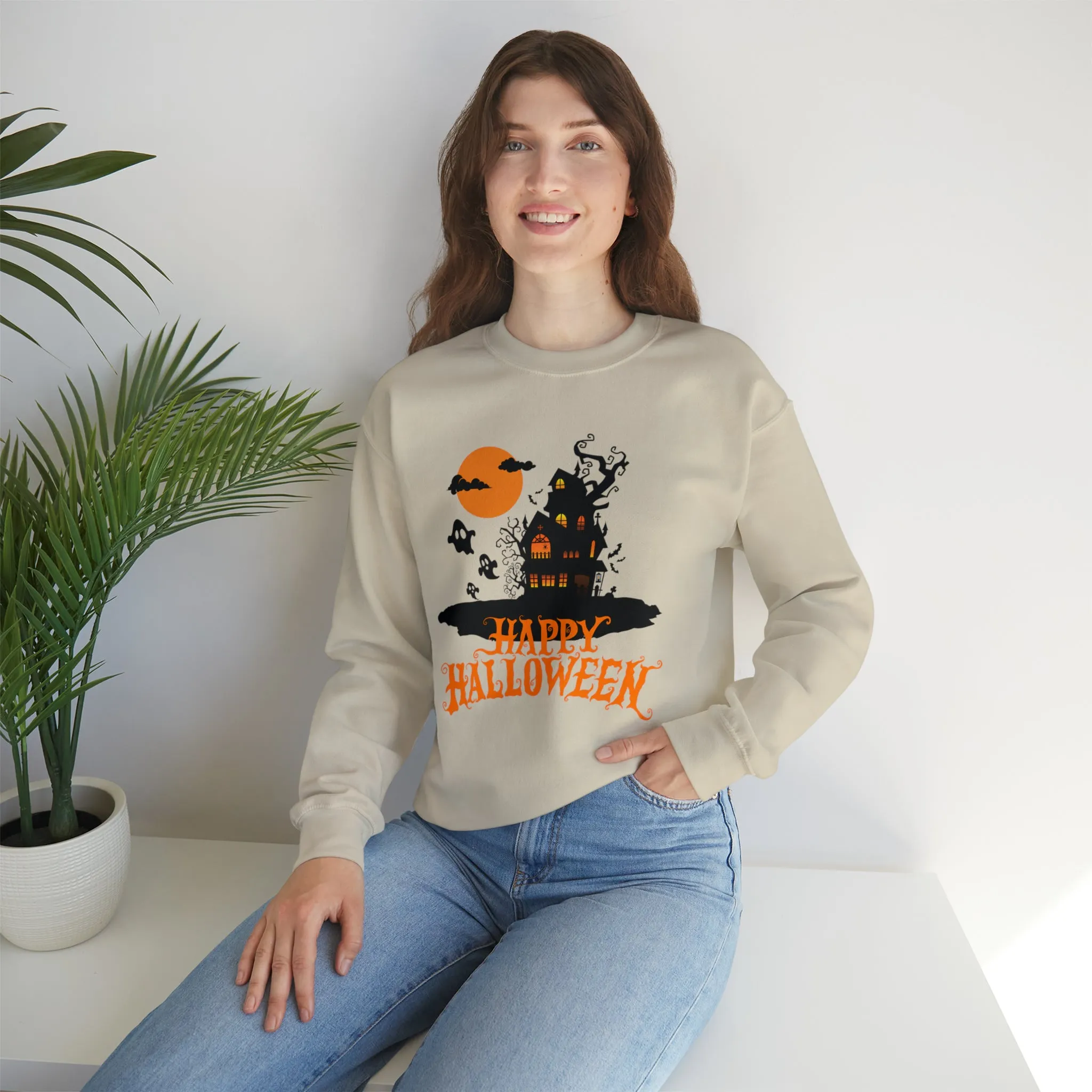 Happy Halloween Scary House Sweatshirt, Haunted Ghost Pullover, Creepy Halloween Crewneck Sweatshirt, Unisex Heavy Blend Sweatshirt