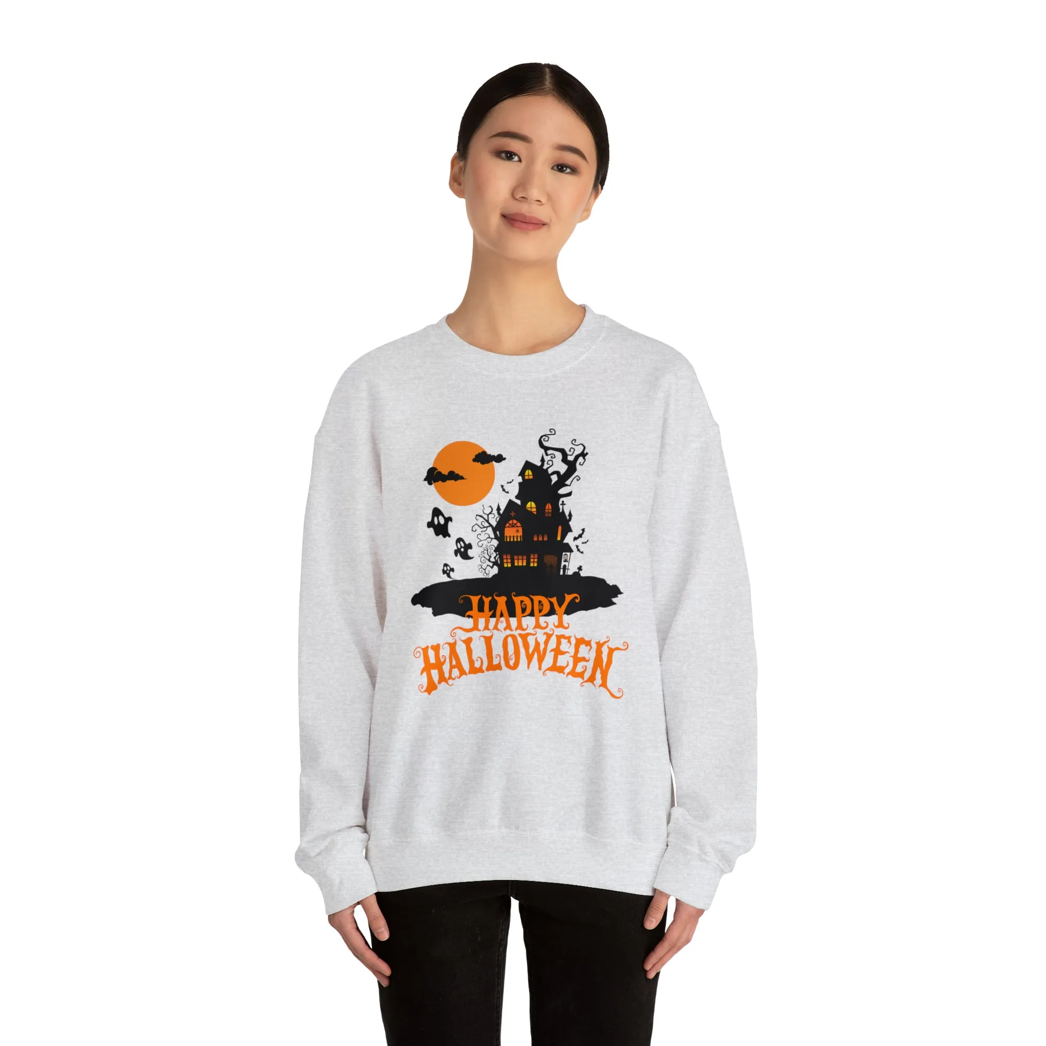 Happy Halloween Scary House Sweatshirt, Haunted Ghost Pullover, Creepy Halloween Crewneck Sweatshirt, Unisex Heavy Blend Sweatshirt